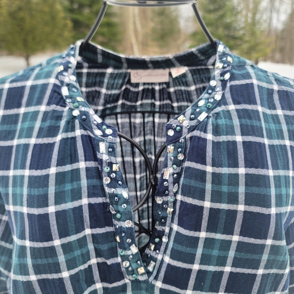 Navy and green plaid cotton top with beads and sequins trim, size medium.